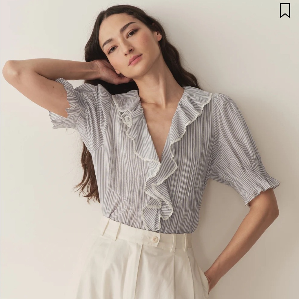 Doen Blue and White Ruffled Bib Collar Blouse